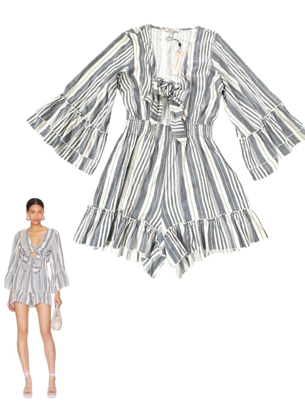 BCBGeneration Blue & White Striped Bell Sleeve Tie-Front Romper Size L V-Neck